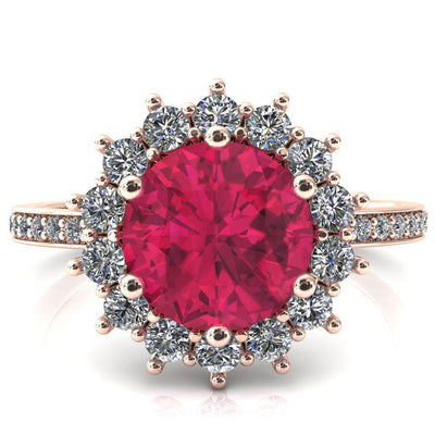 The Duchess Round Ruby 6 Prong Diamond Cluster Halo Ring-FIRE & BRILLIANCE