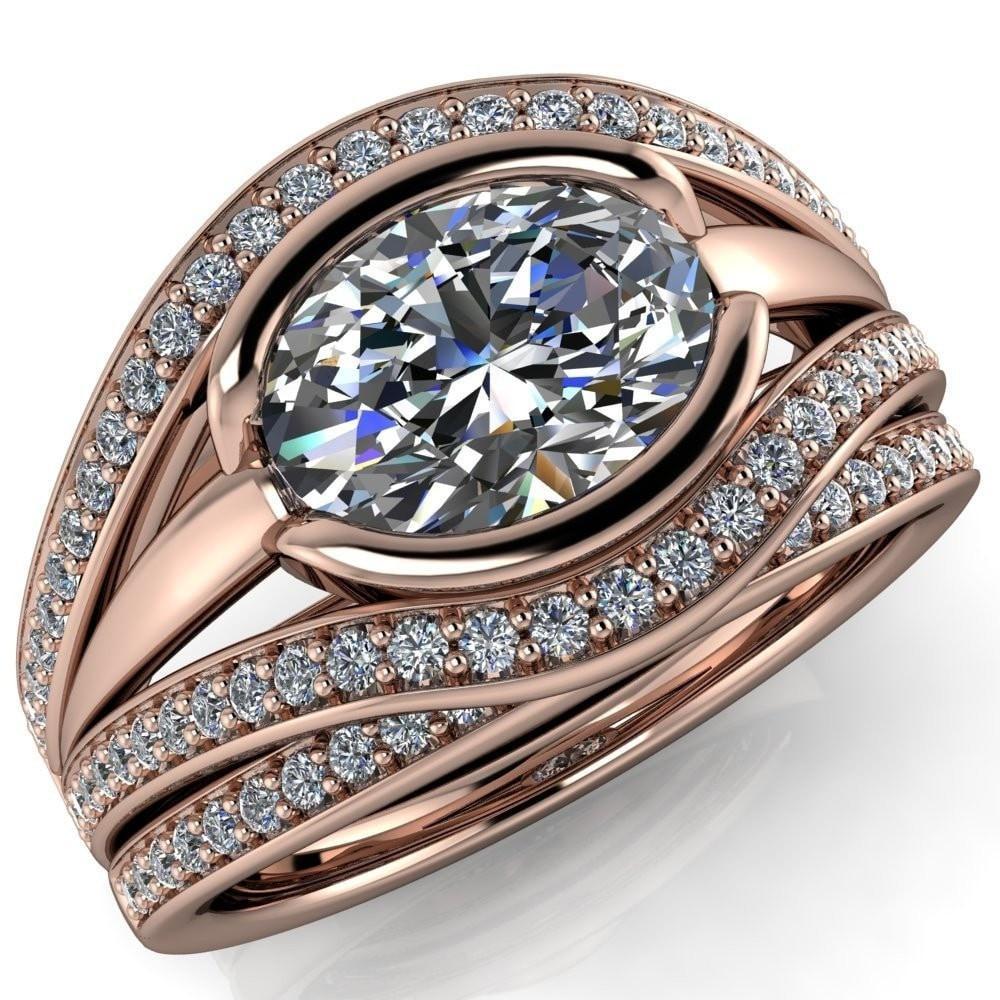 Tiramisu Oval Moissanite Split Shank Diamond Half Bezel Channel Ring-Custom-Made Jewelry-Fire & Brilliance ®