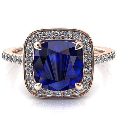 Valma Cushion Blue Sapphire Floating Diamond Halo and Sides Ring-FIRE & BRILLIANCE
