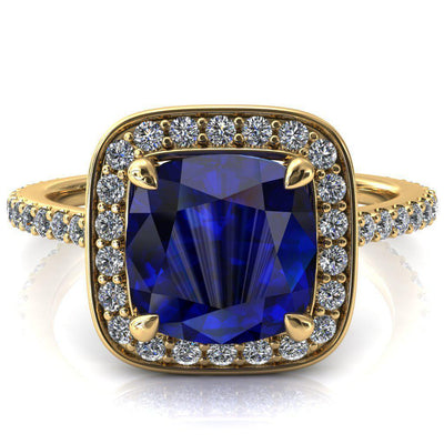 Valma Cushion Blue Sapphire Floating Diamond Halo and Sides Ring-FIRE & BRILLIANCE