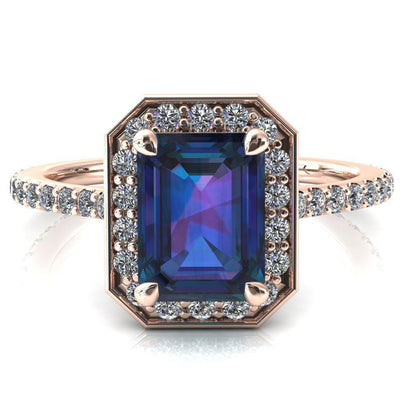 Valma Emerald Alexandrite Floating Diamond Halo and Sides Ring-FIRE & BRILLIANCE