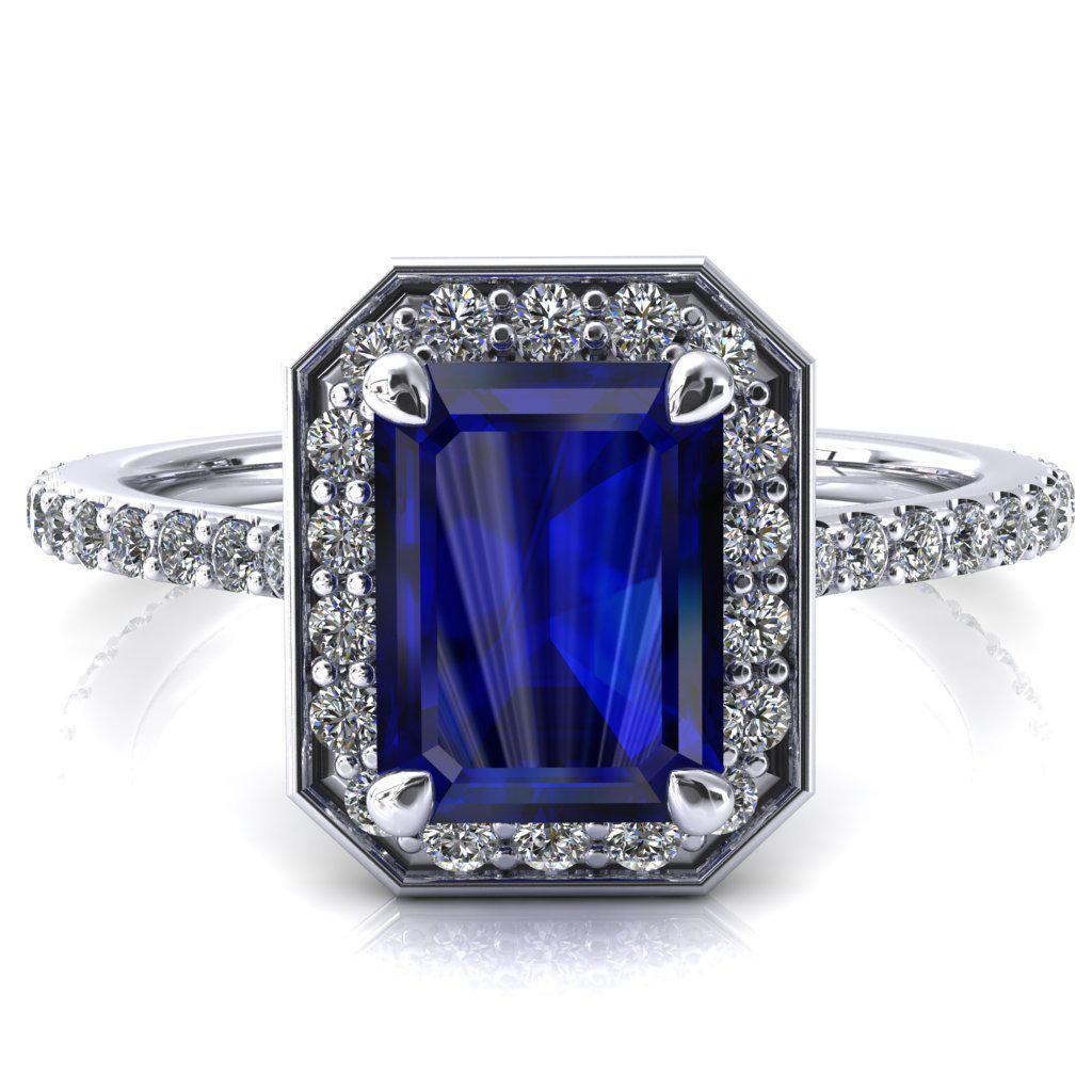 Valma Emerald Blue Sapphire Floating Diamond Halo and Sides Ring-FIRE & BRILLIANCE