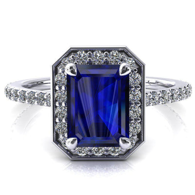 Valma Emerald Blue Sapphire Floating Diamond Halo and Sides Ring-FIRE & BRILLIANCE