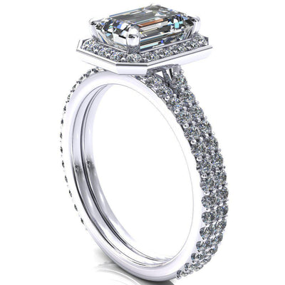 Valma Emerald Moissanite Floating Diamond Halo and Sides Ring-FIRE & BRILLIANCE