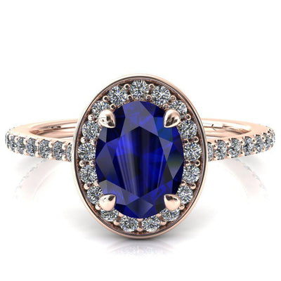 Valma Oval Blue Sapphire Floating Diamond Halo and Sides Ring-FIRE & BRILLIANCE