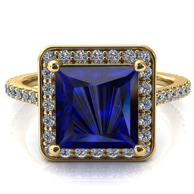 Valma Princess Blue Sapphire Floating Diamond Halo and Sides Ring-FIRE & BRILLIANCE