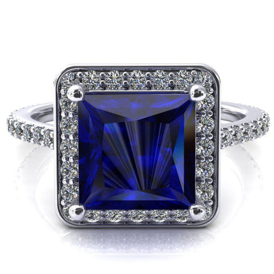Valma Princess Blue Sapphire Floating Diamond Halo and Sides Ring-FIRE & BRILLIANCE