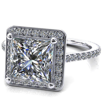 Valma Princess/Square Moissanite Floating Diamond Halo and Sides Ring-FIRE & BRILLIANCE