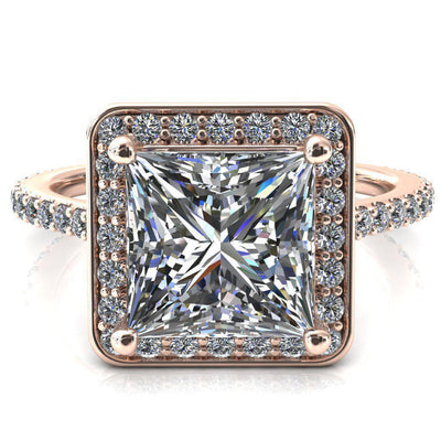 Valma Princess/Square Moissanite Floating Diamond Halo and Sides Ring-FIRE & BRILLIANCE