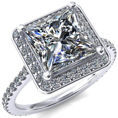 Valma Princess/Square Moissanite Floating Diamond Halo and Sides Ring-FIRE & BRILLIANCE