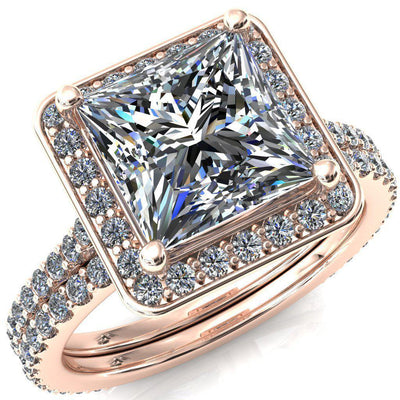 Valma Princess/Square Moissanite Floating Diamond Halo and Sides Ring-FIRE & BRILLIANCE