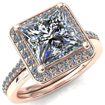 Valma Princess/Square Moissanite Floating Diamond Halo and Sides Ring-FIRE & BRILLIANCE