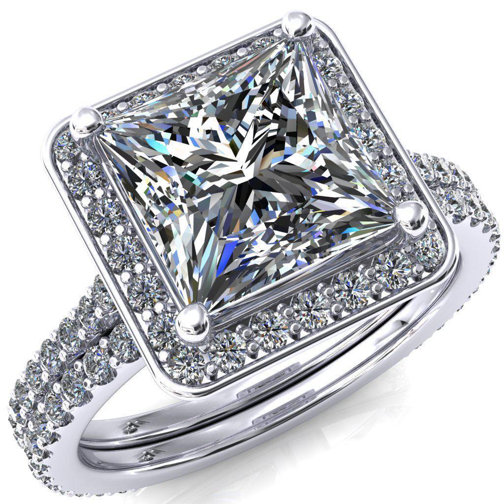 Valma Princess/Square Moissanite Floating Diamond Halo and Sides Ring-FIRE & BRILLIANCE