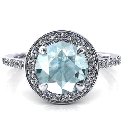 Valma Round Aqua Blue Spinel Floating Diamond Halo and Sides Ring-FIRE & BRILLIANCE