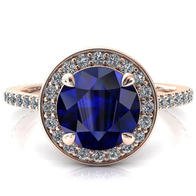 Valma Round Blue Sapphire Floating Diamond Halo and Sides Ring-FIRE & BRILLIANCE