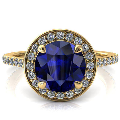 Valma Round Blue Sapphire Floating Diamond Halo and Sides Ring-FIRE & BRILLIANCE