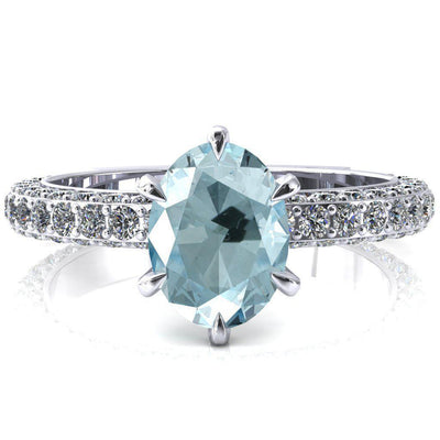 Vanessa Oval Aqua Blue Spinel 6 Claw Prongs 3/4 Pavé Eternity Engagement Ring-FIRE & BRILLIANCE
