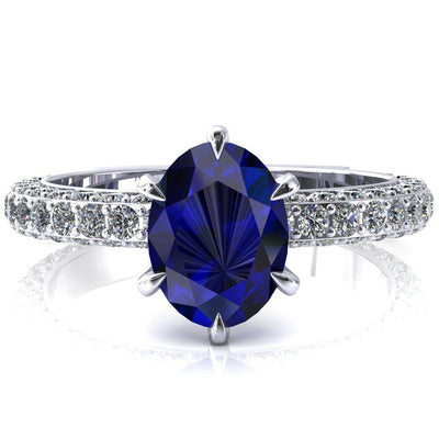 Vanessa Oval Blue Sapphire 6 Claw Prongs 3/4 Pavé Eternity Engagement Ring-FIRE & BRILLIANCE