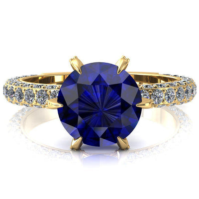 Vanessa Round Blue Sapphire 6 Claw Prongs 3/4 Pavé Eternity Engagement Ring-FIRE & BRILLIANCE