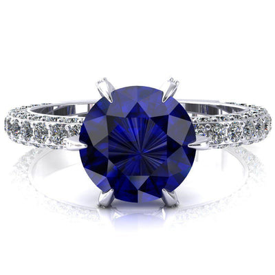 Vanessa Round Blue Sapphire 6 Claw Prongs 3/4 Pavé Eternity Engagement Ring-FIRE & BRILLIANCE