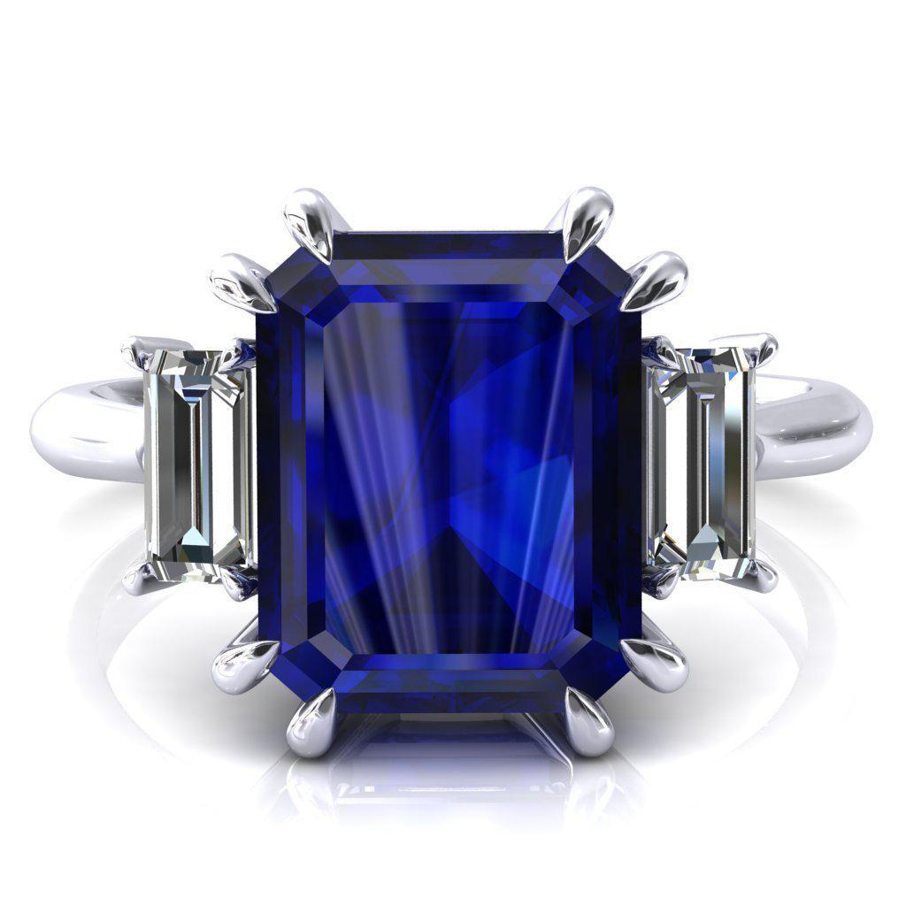 Venice Emerald Blue Sapphire with Diamond Baguette 3 Stone Ring-FIRE & BRILLIANCE