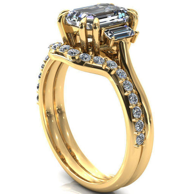 Venice Emerald Moissanite with Diamond Baguette 3 Stone Ring-Custom-Made Jewelry-Fire & Brilliance ®