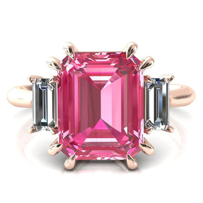 Venice Emerald Pink Sapphire with Diamond Baguette 3 Stone Ring-FIRE & BRILLIANCE