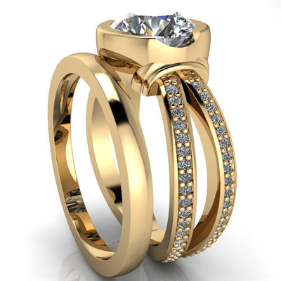 Veronica Round Moissanite Half Bezel Split Shank Diamond Channel Engagement Ring-Custom-Made Jewelry-Fire & Brilliance ®