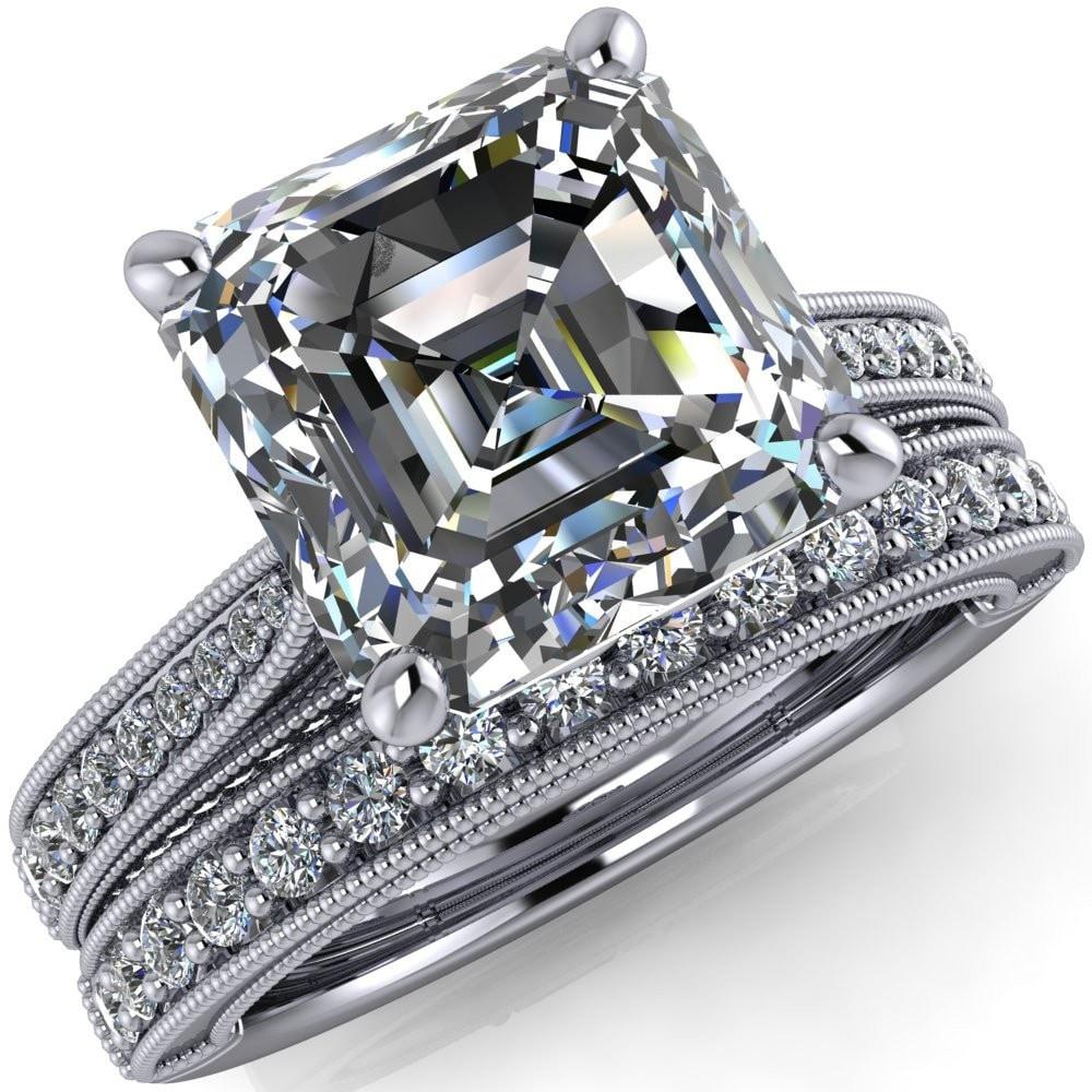 Vivienne Asscher Moissanite 4 Prong Milgrain Engagement Ring-Custom-Made Jewelry-Fire & Brilliance ®