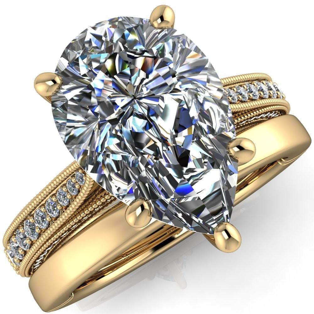 Vivienne Pear Moissanite 5 Prong Milgrain Engagement Ring-Custom-Made Jewelry-Fire & Brilliance ®