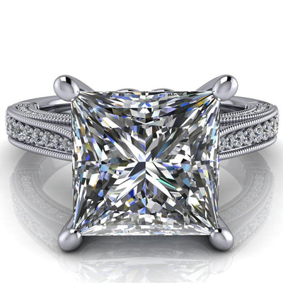 Vivienne Princess/Square Moissanite 4 Prong Milgrain Engagement Ring-Custom-Made Jewelry-Fire & Brilliance ®