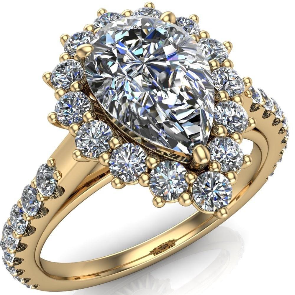 Wilma Pear Moissanite Tear Drop Diamond Halo Cathedral Center Design Ring-Custom-Made Jewelry-Fire & Brilliance ®