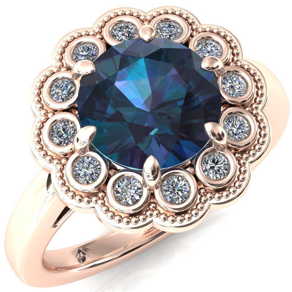 Zinnia Round Alexandrite 6 Prong Milgrain Diamond Halo Cathedral Engagement Ring-FIRE & BRILLIANCE