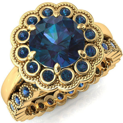 Zinnia Round Alexandrite 6 Prongs Milgrain Halo Accent Alexandrite Ring-Custom-Made Jewelry-Fire & Brilliance ®