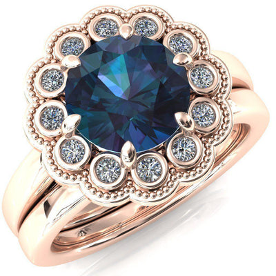 Zinnia Round Alexandrite 6 Prongs Milgrain Halo Accent Diamonds Ring-Custom-Made Jewelry-Fire & Brilliance ®