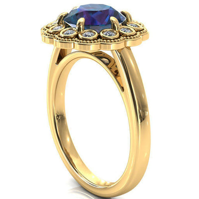 Zinnia Round Alexandrite 6 Prongs Milgrain Halo Accent Diamonds Ring-Custom-Made Jewelry-Fire & Brilliance ®