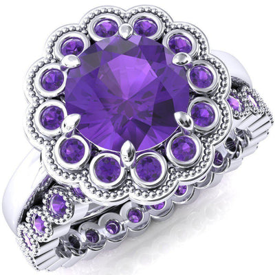 Zinnia Round Amethyst 6 Prongs Milgrain Halo Accent Amethyst Ring-Custom-Made Jewelry-Fire & Brilliance ®