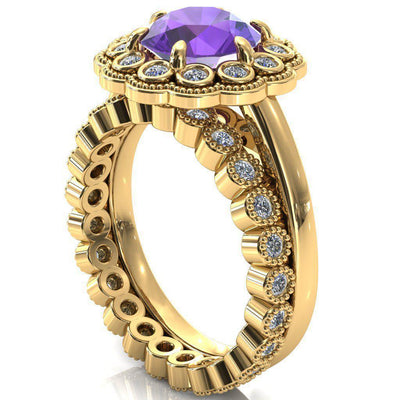 Zinnia Round Amethyst 6 Prongs Milgrain Halo Accent Diamonds Ring-Custom-Made Jewelry-Fire & Brilliance ®