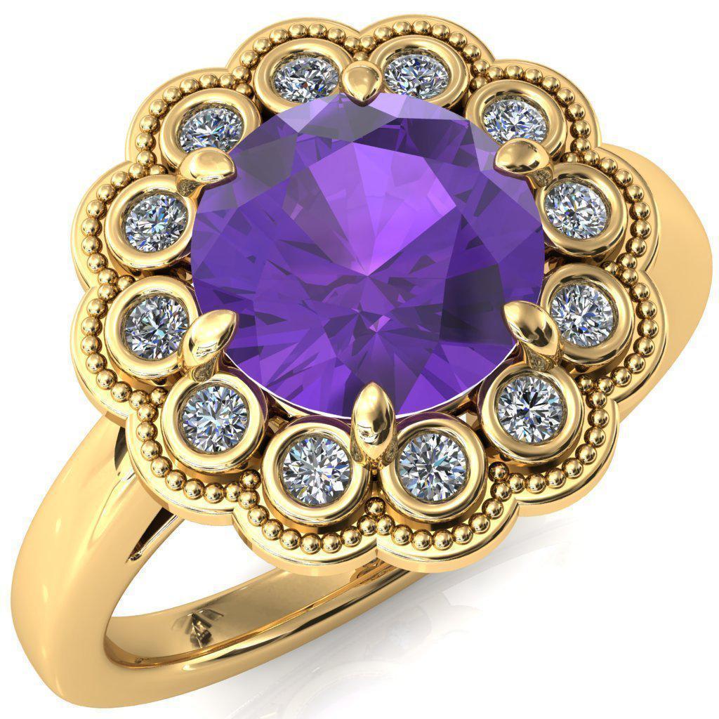 Zinnia Round Amethyst 6 Prongs Milgrain Halo Accent Diamonds Ring-Custom-Made Jewelry-Fire & Brilliance ®