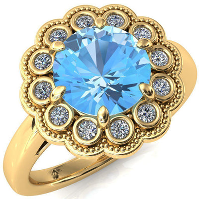 Zinnia Round Aqua Blue Spinel 6 Prong Milgrain Diamond Halo Cathedral Engagement Ring-FIRE & BRILLIANCE