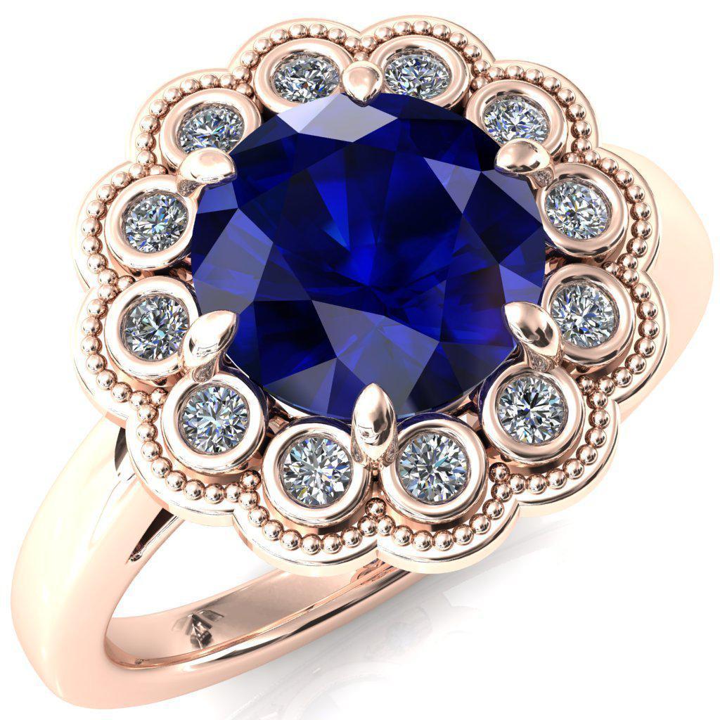 Zinnia Round Blue Sapphire 6 Prong Milgrain Diamond Halo Cathedral Engagement Ring-FIRE & BRILLIANCE