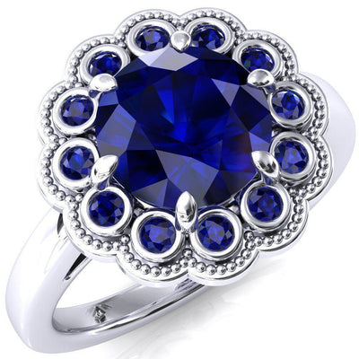 Zinnia Round Blue Sapphire 6 Prongs Milgrain Halo Accent Blue Sapphire Ring-Custom-Made Jewelry-Fire & Brilliance ®