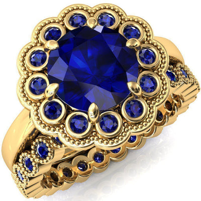 Zinnia Round Blue Sapphire 6 Prongs Milgrain Halo Accent Blue Sapphire Ring-Custom-Made Jewelry-Fire & Brilliance ®