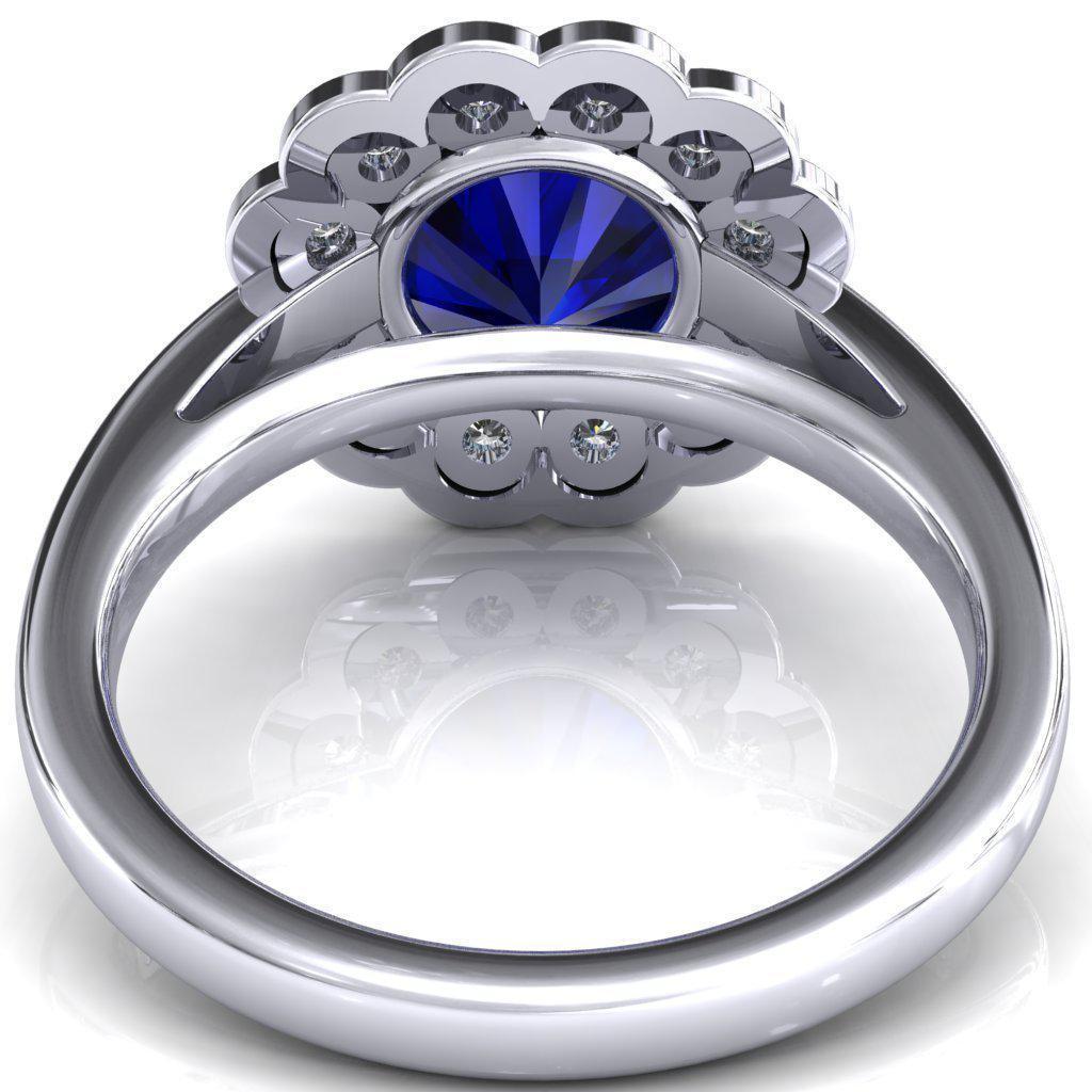 Zinnia Round Blue Sapphire 6 Prongs Milgrain Halo Accent Diamonds Ring-Custom-Made Jewelry-Fire & Brilliance ®