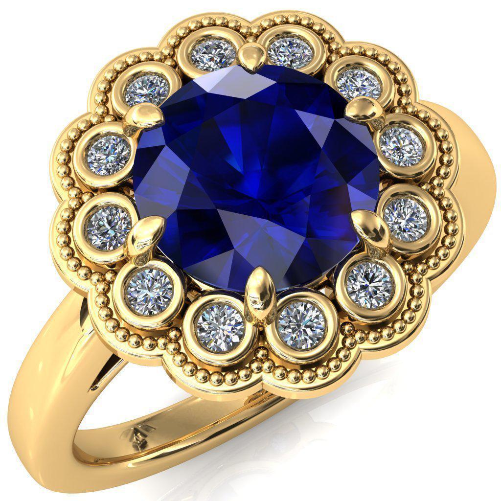Zinnia Round Blue Sapphire 6 Prongs Milgrain Halo Accent Diamonds Ring-Custom-Made Jewelry-Fire & Brilliance ®