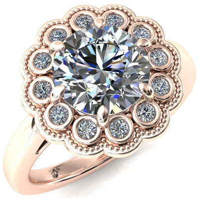 Zinnia Round Moissanite 6 Prong Milgrain Diamond Halo Cathedral Engagement Ring-FIRE & BRILLIANCE