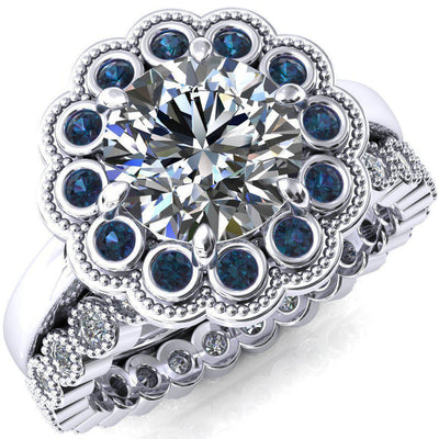 Zinnia Round Moissanite 6 Prongs Milgrain Halo Accent Alexandrite Ring-Custom-Made Jewelry-Fire & Brilliance ®