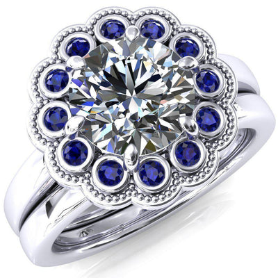 Zinnia Round Moissanite 6 Prongs Milgrain Halo Accent Blue Sapphire Ring-Custom-Made Jewelry-Fire & Brilliance ®