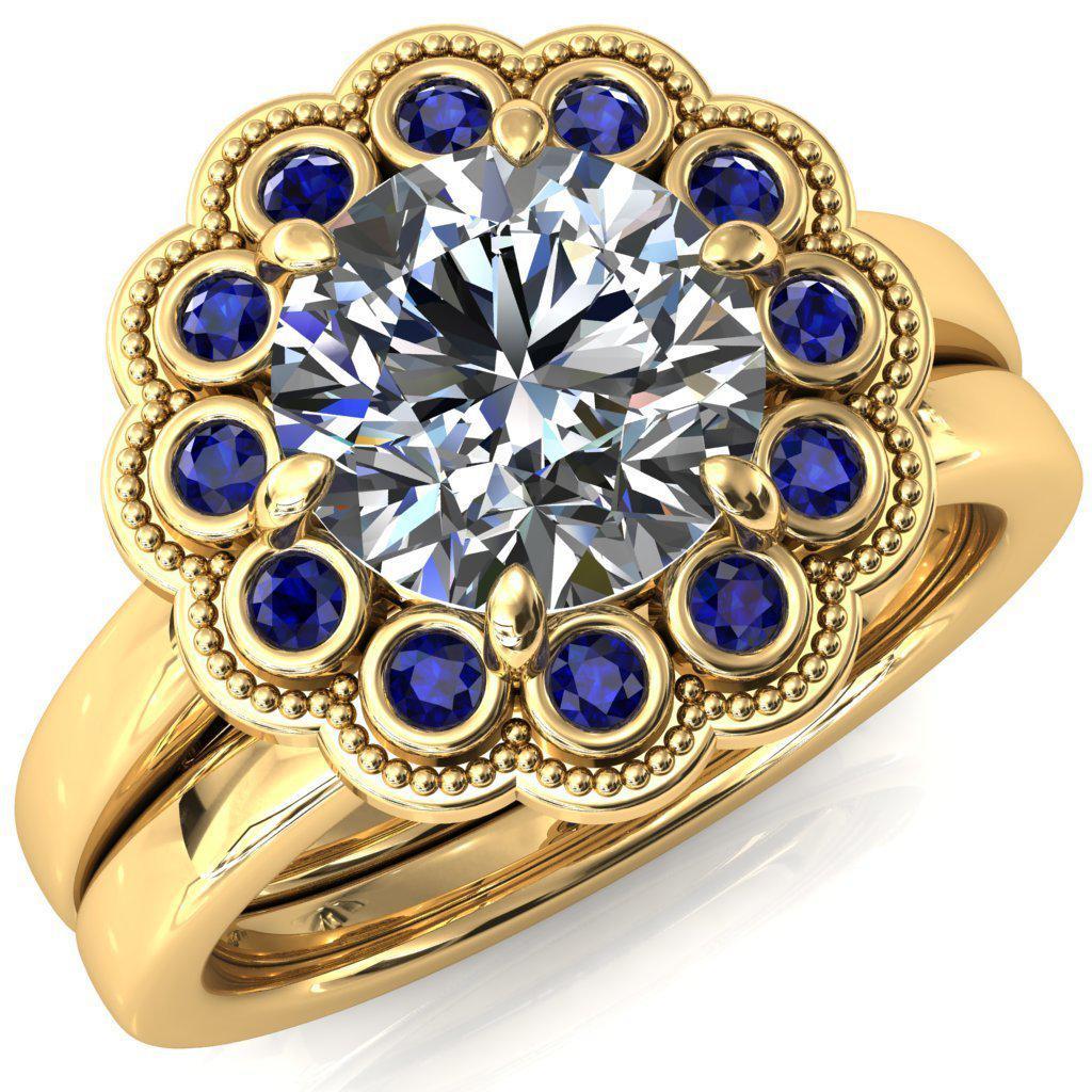 Zinnia Round Moissanite 6 Prongs Milgrain Halo Accent Blue Sapphire Ring-Custom-Made Jewelry-Fire & Brilliance ®