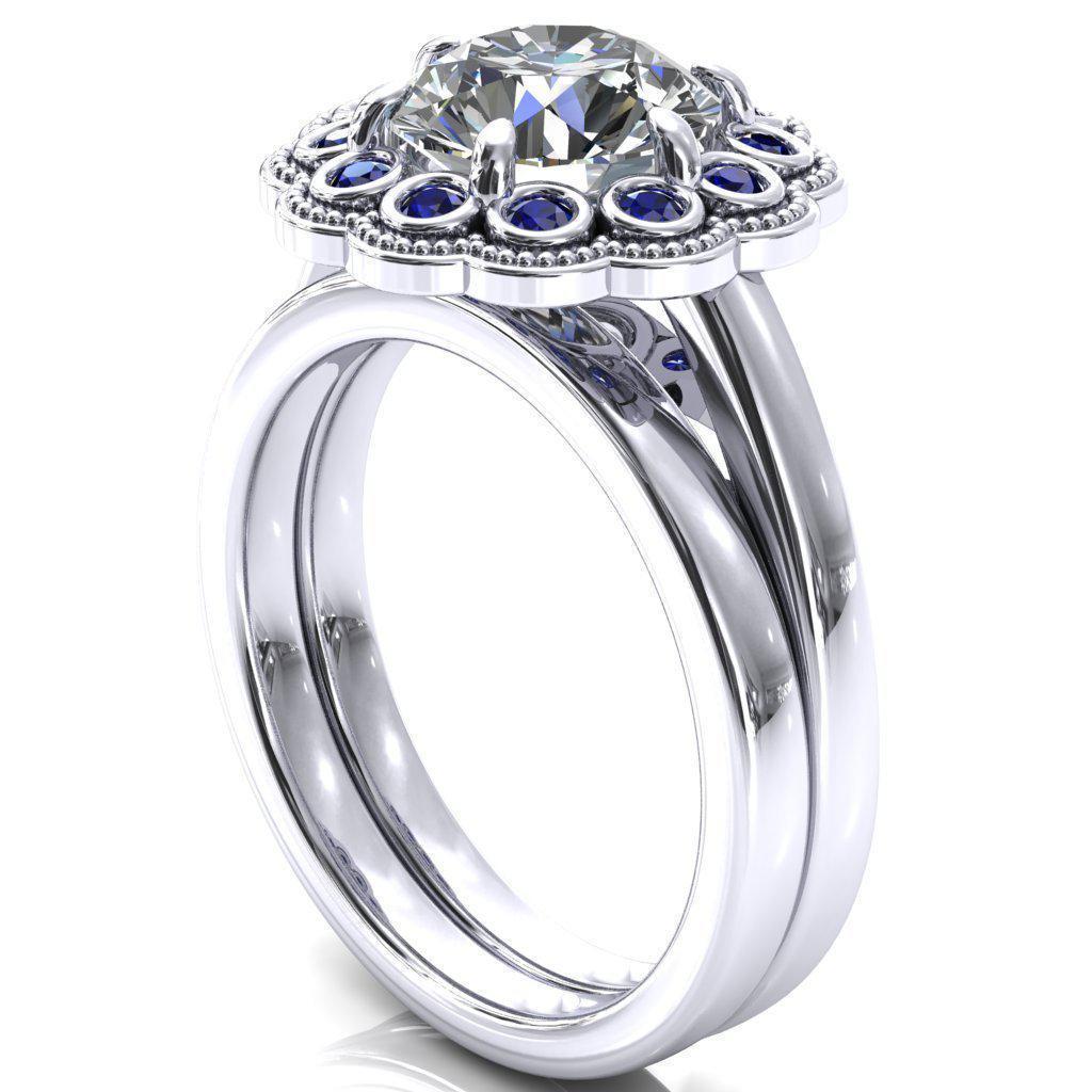 Zinnia Round Moissanite 6 Prongs Milgrain Halo Accent Blue Sapphire Ring-Custom-Made Jewelry-Fire & Brilliance ®